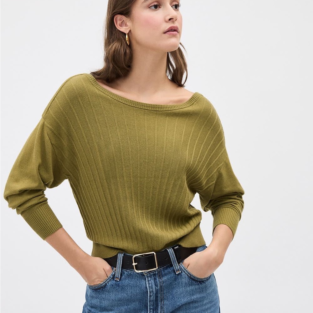Sz XXS RW&CO Long-Sleeve Boat-Neck Relaxed Sweater Green Moss Women's Sweater